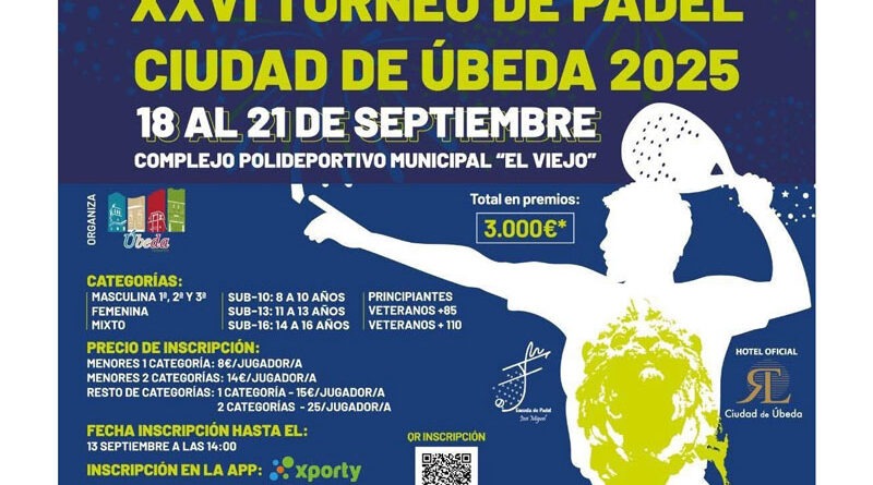El XXVI Torneo de Pádel Ciudad de Úbeda se celebrará del 18 al 21 de septiembre